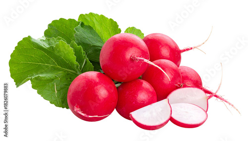 Close-up of vibrant radishes with leaves and two sliced pieces on a transparent background