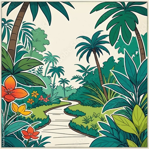 Lush Tropical Jungle Pathway With Vibrant Foliage and Colorful Flowers in a Serene Landscape