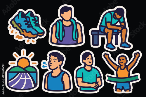 Vibrant achievement icons featuring fitness, sports, and motivation for design projects