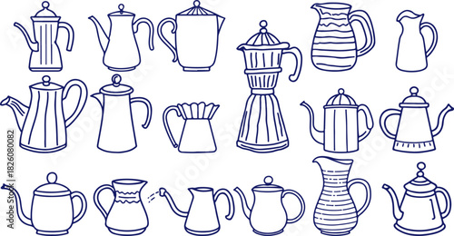 Coffee Pots Sketch Line Drawing Set. Tea and Coffee Pots Abstract Minimal Simple Linear Drawing. Hot Drink Concept Linear Vector Illustration. Dishes Trendy Contour Drawing.
