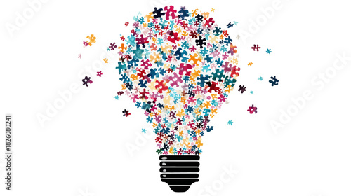 A lightbulb formed from vibrant, assorted puzzle pieces floats against a white backdrop
