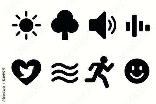 Bold vector icon set featuring sun tree volume equilibrium heart run and smiley emojis