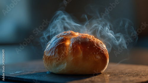 A close up shot of a freshly baked bread roll with steam rising from the top side