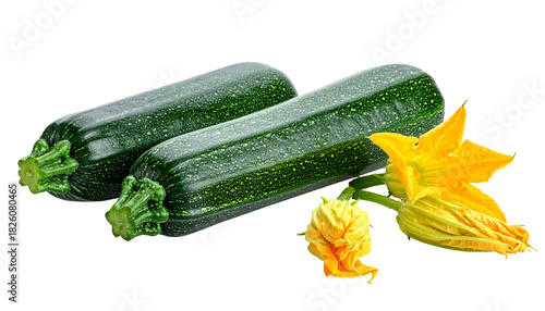 Two fresh green zucchini with yellow blossoms, against a transparent black background