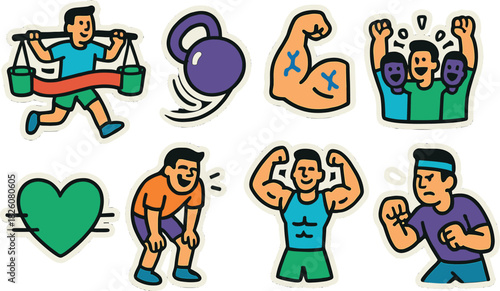 Dynamic fitness and exercise icon stickers for workout motivation and design