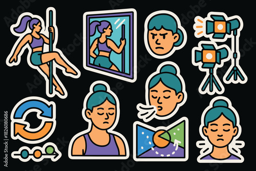 Dynamic pole dance icons set: fitness, emotion, and movement illustrations for creative design