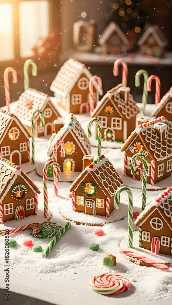Naklejka premium Gingerbread houses and candy canes arranged aesthetically on a snowy surface, soft warm lighting, Christmas bakery theme.