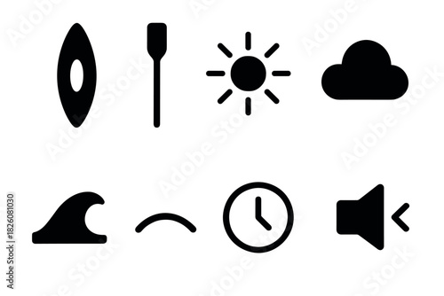 Minimalist icon set for travel and outdoors design projects featuring kayak, sun, cloud, and more