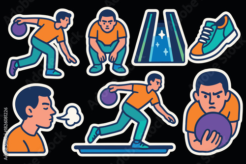Vibrant bowling icons collection featuring players, lanes, and accessories for creative design