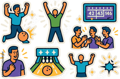 Bowling victory celebration illustrations for sports events and party design