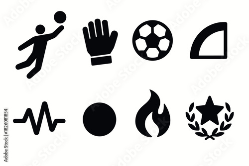Soccer icon set featuring silhouettes of player, ball, glove, goal, heartbeat, flare, and star for design projects