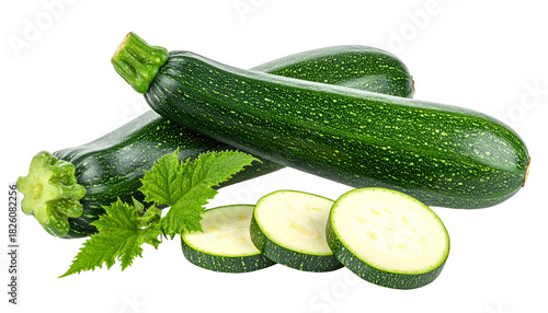 Close-up of fresh, green zucchini, some whole, slices with leaves, isolated background