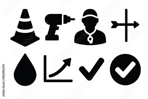 Bold vector icons set: construction, tools, and symbols for graphic design