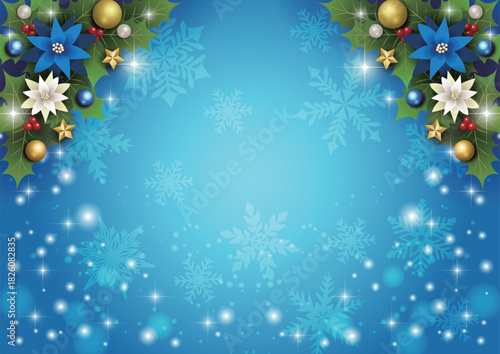 クリスマス背景、下キラキラ雪、青、ポインセチア、上柊、かわいい、イラスト、横