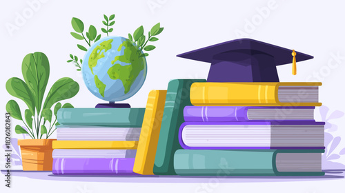 A stylized illustration depicting education symbols books, globe, mortarboard, and plant