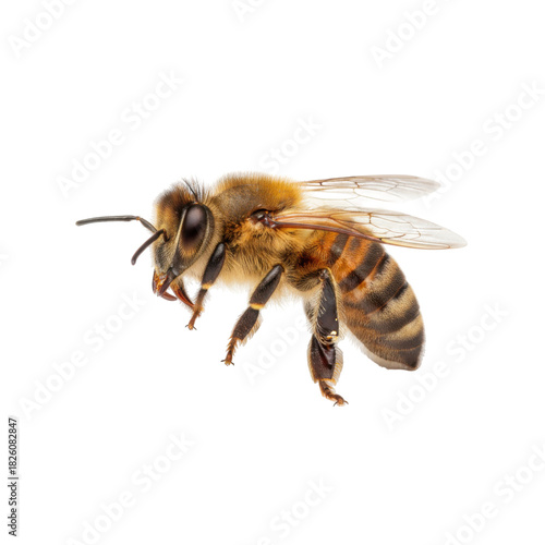Detailed close-up macro photograph of a honey bee in flight against a stark black background