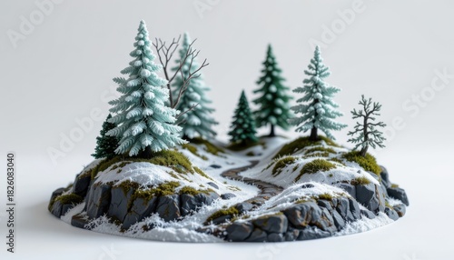 frozen forest micro world design using stone texture foundation, accented with sparkling frozen trees, fantasy inspired miniature scene, isolated on pure white background, ultra sharp