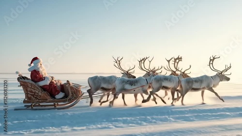 Santa claus is riding a sleigh pulled by a team of reindeer across a snowy landscape