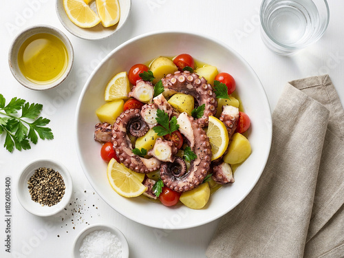 Fresh octopus salad with potatoes, cherry tomatoes, lemon and parsley on a white table, shot in soft natural light. Clean composition and bright colors for high-quality food photography.