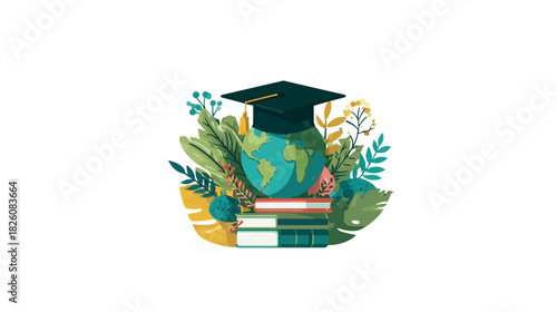 A globe topped with a graduation cap amidst leaves, plants, and books, celebrating learning