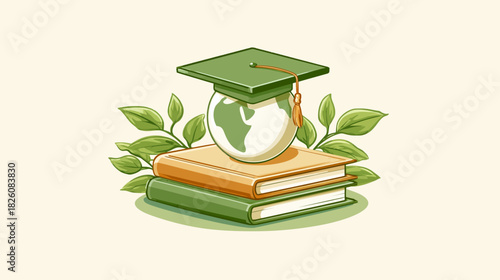 Illustration of a graduation cap atop a globe and books, surrounded by foliage on a light background