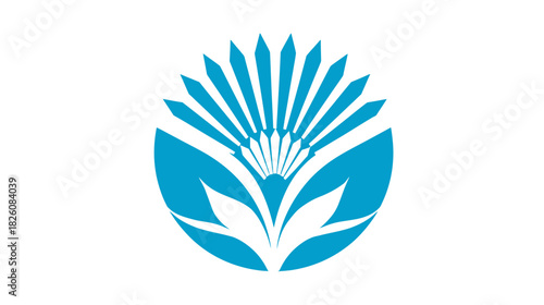 Abstract blue emblem of flower and sunburst design against white background