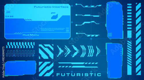 High-tech digital control panel showing layered blue UI blocks, data lines, and modern futuristic interface components.