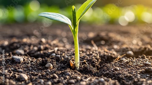 Fresh green sprout emerging from rich soil in a vibrant garden setting