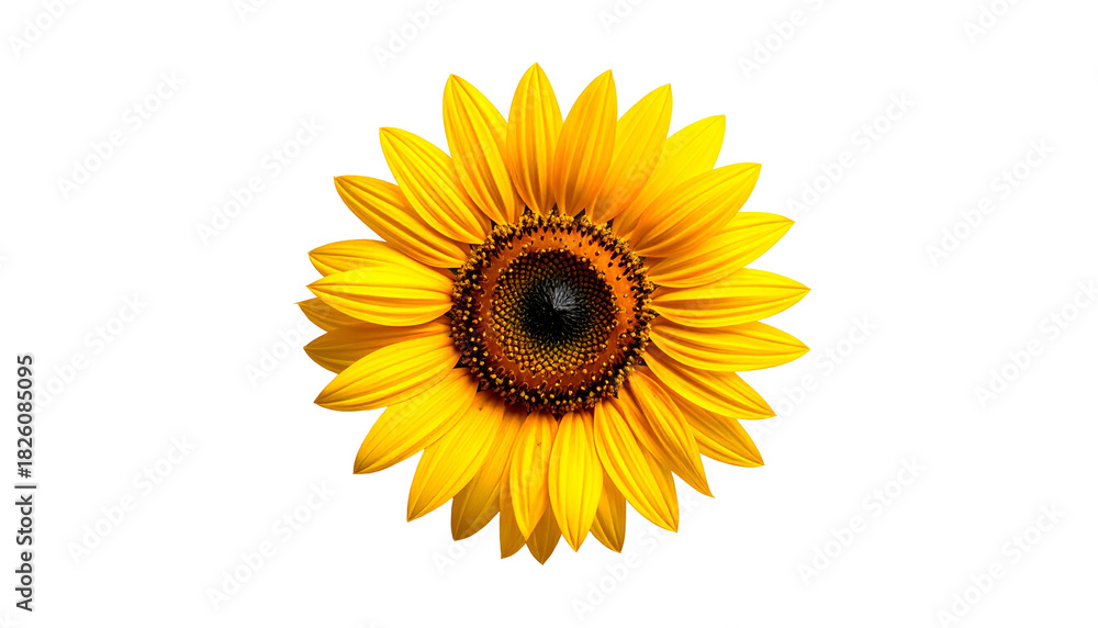Fototapeta premium Close-up of a vibrant sunflower with yellow petals and a dark brown center, isolated