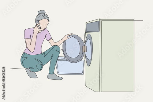 Colored putting in a load of laundry in between calls concept one-line drawing