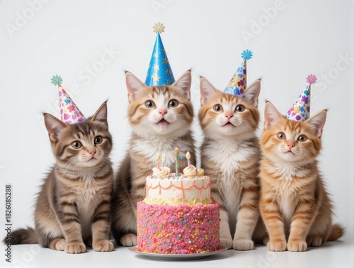 Four Adorable Kittens Wearing Party Hats Celebrating Birthday With Colorful Cake