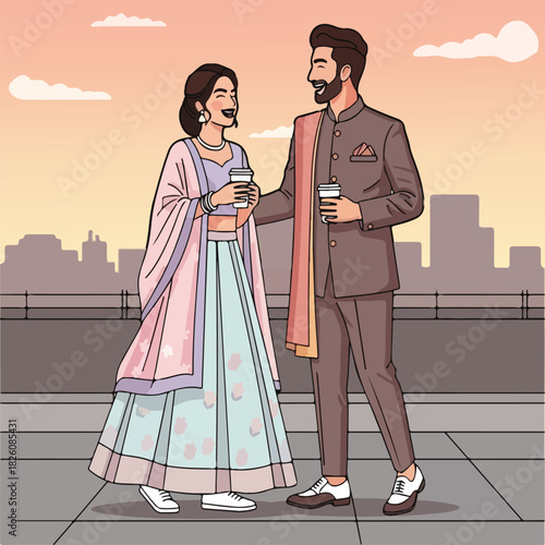 Flat vector illustration of an Indian wedding couple in modern fusion outfits, with the bride in a pastel lehenga and sneakers and the groom in a tailored bandhgala, both laughing