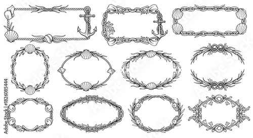 Collection of decorative nautical themed frames with seashells and anchors in black ink