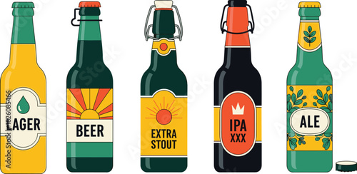Beer bottle illustration featuring five unique label designs for lager, stout, IPA, ale, and classic beer with colorful branding elements.