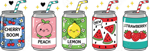 Fruit soda can illustration featuring five playful designs with cherry, peach, lemon, watermelon, and strawberry flavors in colorful, whimsical packaging.