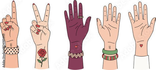 Illustrated expressive female hands showing various gestures with bracelets, tattoos, nail art, and diverse skin tones, representing communication, identity, style, empowerment, and artistic design.