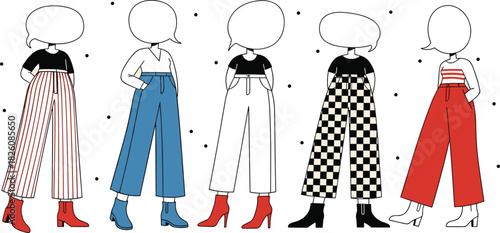 Fashion illustration of stylish female characters wearing modern wide-leg pants in various colors and patterns, showcasing trendy outfits, contemporary clothing design, and minimalist aesthetic.