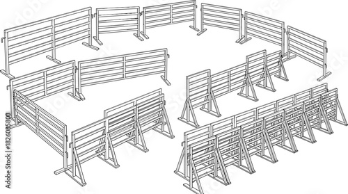 Industrial metal safety barricades and modular crowd control fencing panels illustration featuring portable security barriers for events, construction zones, traffic management, and public protection.