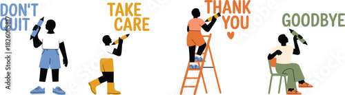 Motivational farewell illustration with four figures holding pencils beside phrases like