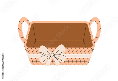 Wicker basket with handles and ribbon bow decoration. Empty woven container decorated with festive tape. Storage accessory, decorative gift box. Flat vector illustration isolated on white background