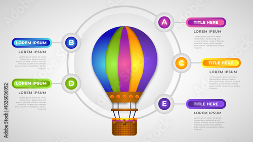 Vibrant Hot Air Balloon Infographic With Labeled Points A Through E for Educational Presentation, Learning Steps, Classroom Teaching, Business Strategy Visualization, and Creative Infographic Design