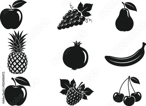 Fresh Fruit Silhouette Vector Collection, Set of Apple, Grapes, Pineapple, Banana, Pear, Pomegranate, Raspberry, and Cherry Icons, Healthy Food.