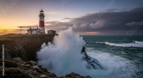 Dramatic coastal scenery with lighthouse enduring a powerful storm at sunset coastline