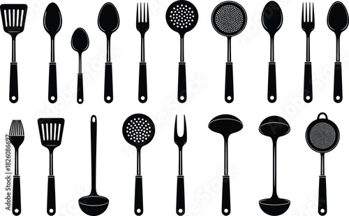 Set of Black Kitchen Utensils Silhouette Vector Icons - Cooking Tools, Spoons, Forks, Ladles, and Spatulas Graphic Collection