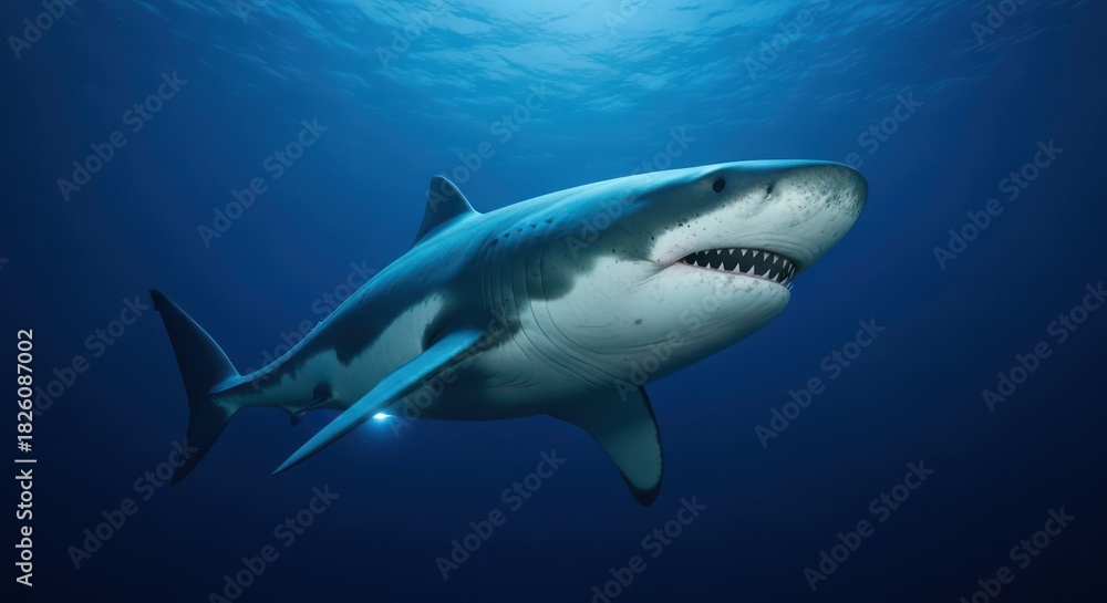 Naklejka premium Majestic great white shark gliding through the deep blue ocean waters with visible teeth