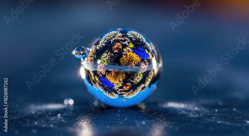Fototapeta Naklejka Na Ścianę i Meble -  Underwater world within a water droplet showcasing vibrant coral reef ecosystems and fish