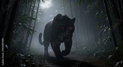 Mystical black panther with glowing red eyes prowling through dense bamboo forest at night