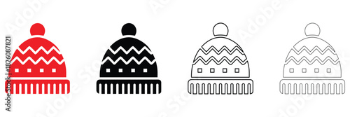 knitted winter hat vector icon, winter apparel hat vector, silhouette and line art