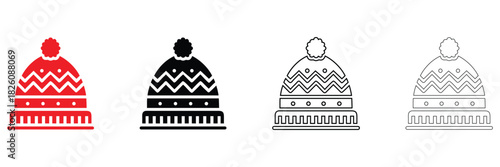 knitted winter hat vector icon, winter apparel hat vector, silhouette and line art