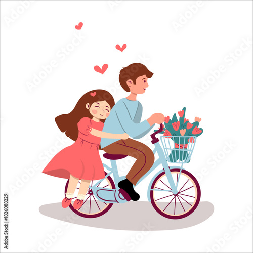 Couple Riding Tandem Bicycle In Flat Vector Illustration Symbolizing Outdoor Activity, Fun, And Togetherness, Isolated On White Background. Hand drawn illustration for card ,web and social media